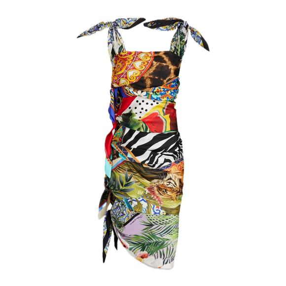 NWT DOLCE & GABBANA Runway Knotted Print Silk Twill scarf dress Multicolor 42 M - Picture 5 of 13